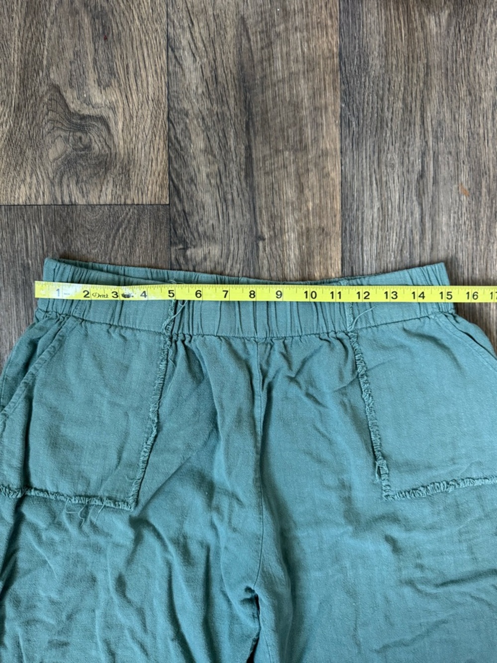Umgee Green Linen Cotton Capri Pants Elastic Waist Pockets Wide-Leg Ruffle L - Picture 3 of 8